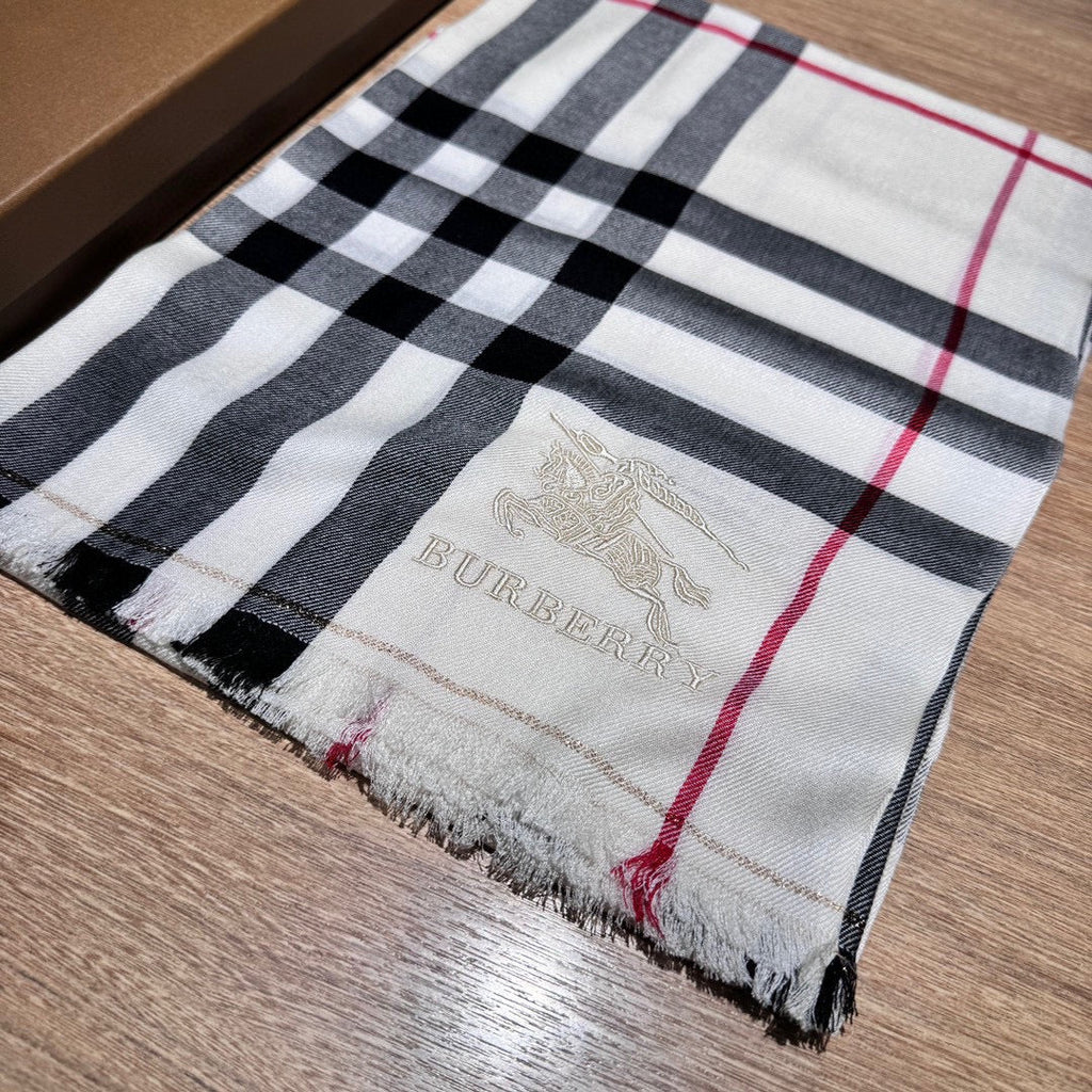 BURBERRY CHECK SCARF 200 CM IN WHITE MIX BLACK WOOL 410342