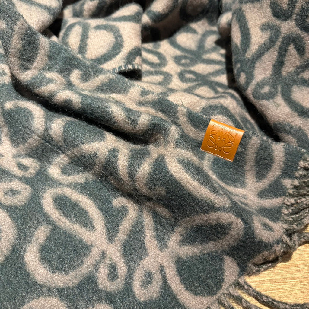 LOEWE ANAGRAM 200 CM SCARF IN CAMEL BEIGE MIX GREEN FOREST ALPACA AND WOOL 411847