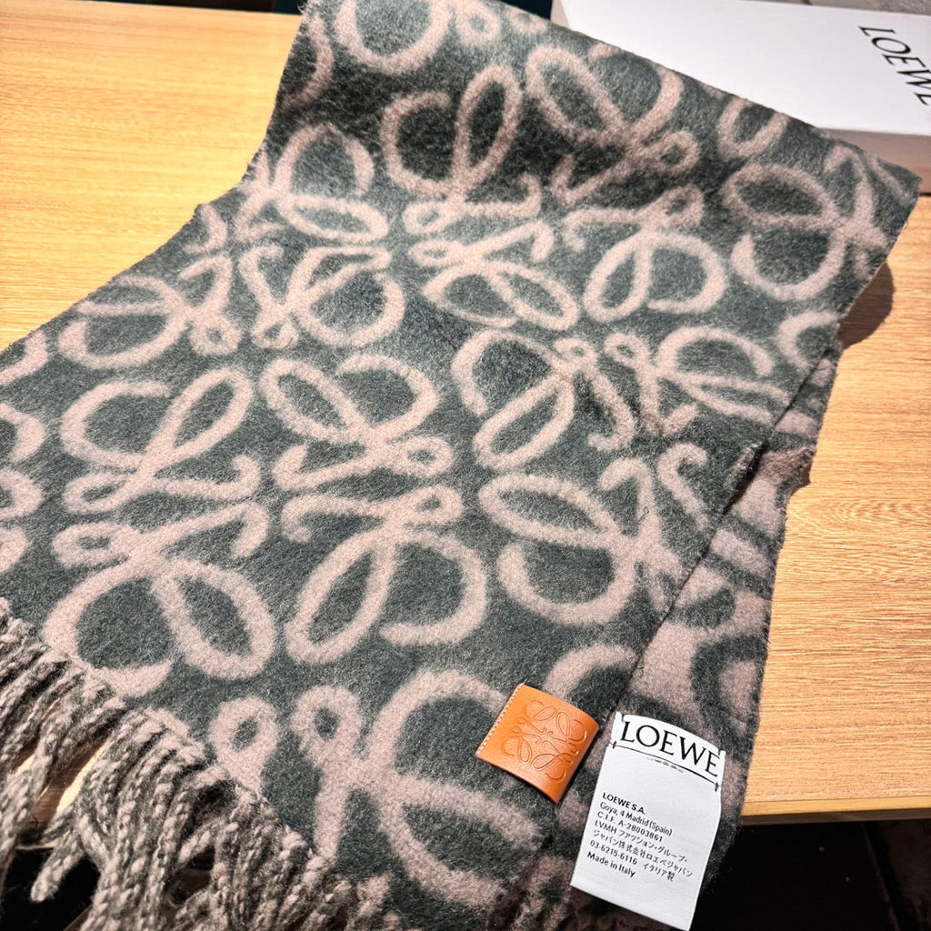 LOEWE ANAGRAM 200 CM SCARF IN CAMEL BEIGE MIX GREEN FOREST ALPACA AND WOOL 411847
