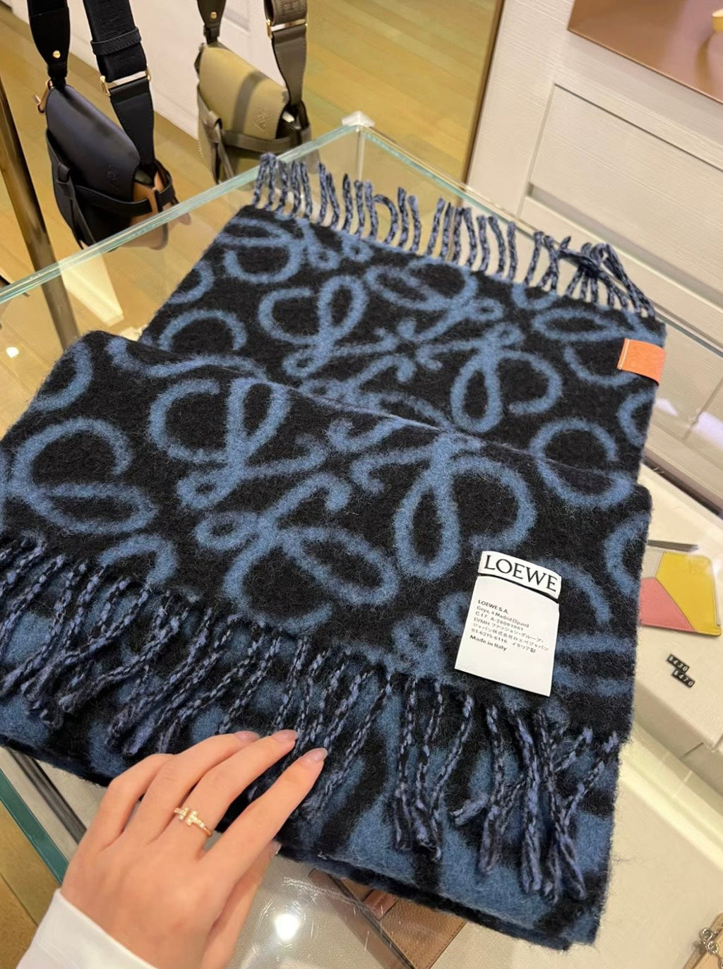 LOEWE ANAGRAM 200 CM SCARF IN BLACK MIX BLUE ALPACA AND WOOL 411848