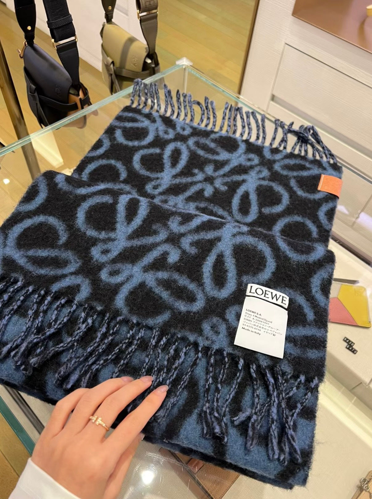 LOEWE ANAGRAM 200 CM SCARF IN BLACK MIX BLUE ALPACA AND WOOL 411848