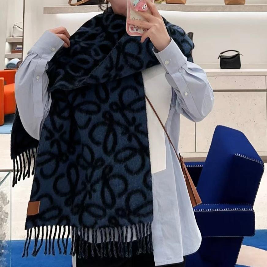 LOEWE ANAGRAM 200 CM SCARF IN BLACK MIX BLUE ALPACA AND WOOL 411848