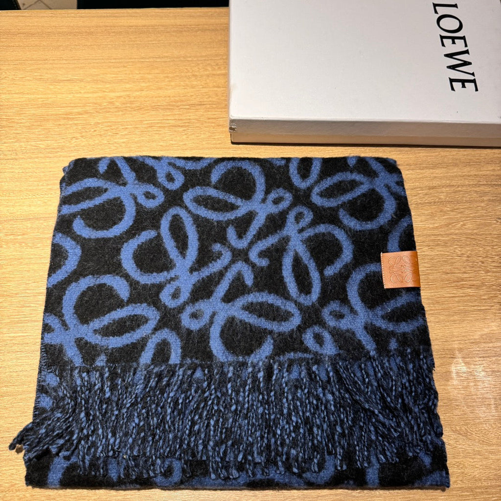 LOEWE ANAGRAM 200 CM SCARF IN BLACK MIX BLUE ALPACA AND WOOL 411848
