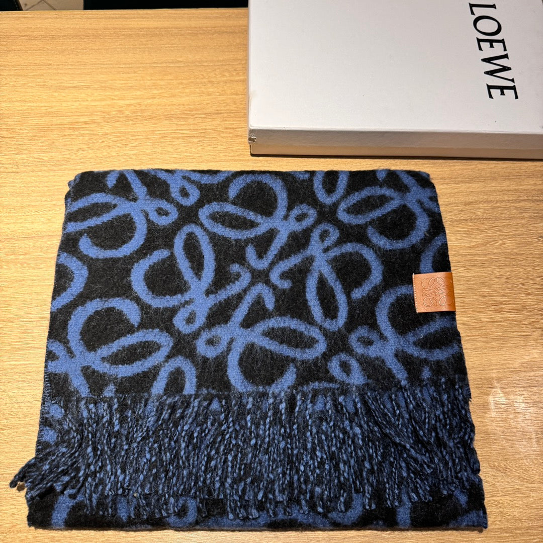 LOEWE ANAGRAM 200 CM SCARF IN BLACK MIX BLUE ALPACA AND WOOL 411848