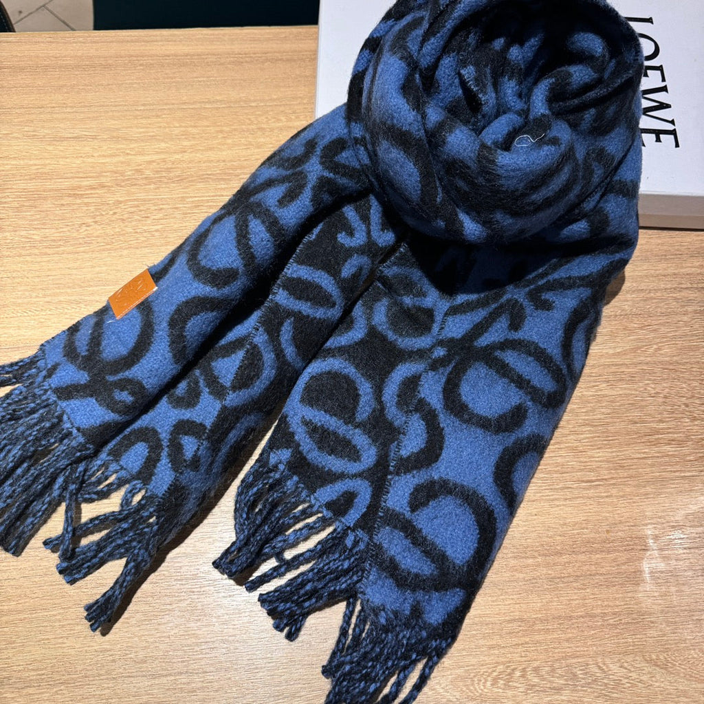 LOEWE ANAGRAM 200 CM SCARF IN BLACK MIX BLUE ALPACA AND WOOL 411848