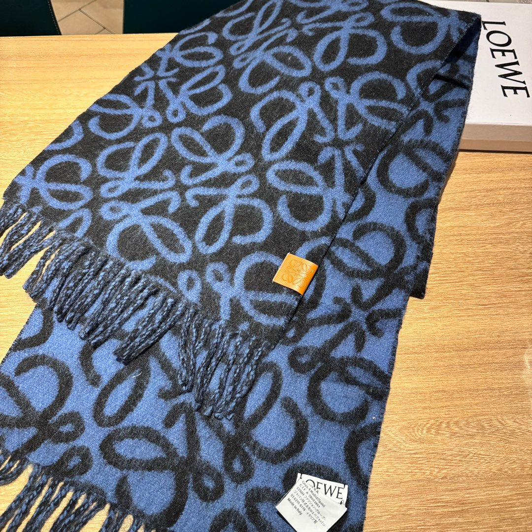 LOEWE ANAGRAM 200 CM SCARF IN BLACK MIX BLUE ALPACA AND WOOL 411848