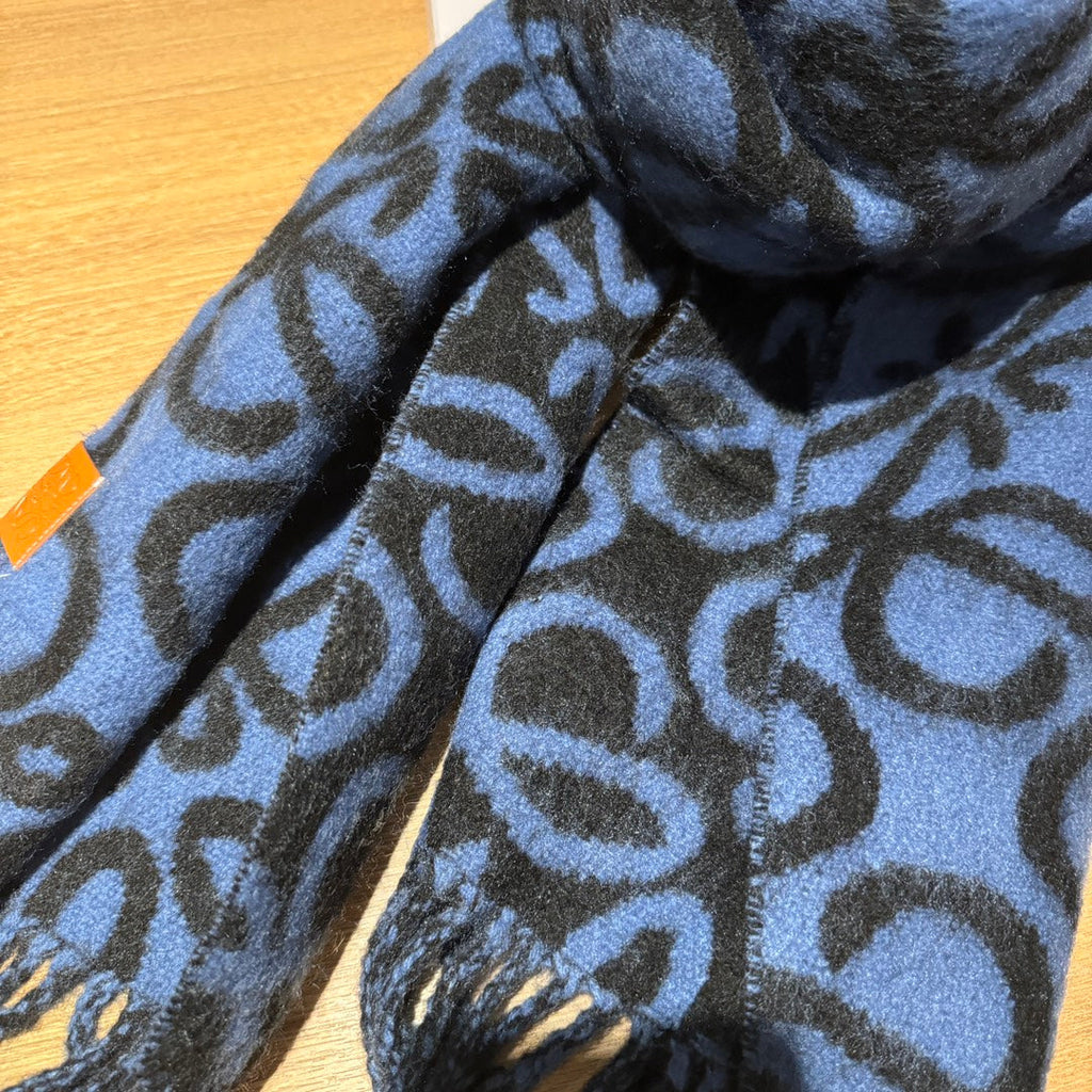 LOEWE ANAGRAM 200 CM SCARF IN BLACK MIX BLUE ALPACA AND WOOL 411848