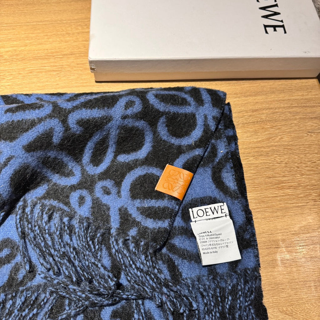 LOEWE ANAGRAM 200 CM SCARF IN BLACK MIX BLUE ALPACA AND WOOL 411848
