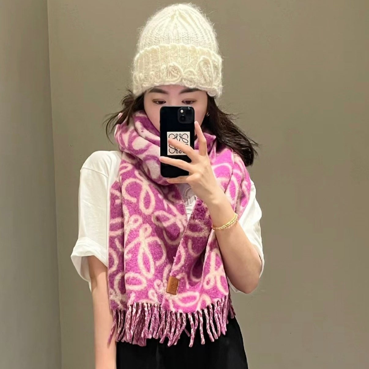 LOEWE ANAGRAM 200 CM SCARF IN ORCHID PURPLE MIX BEIGE ALPACA AND WOOL 411849