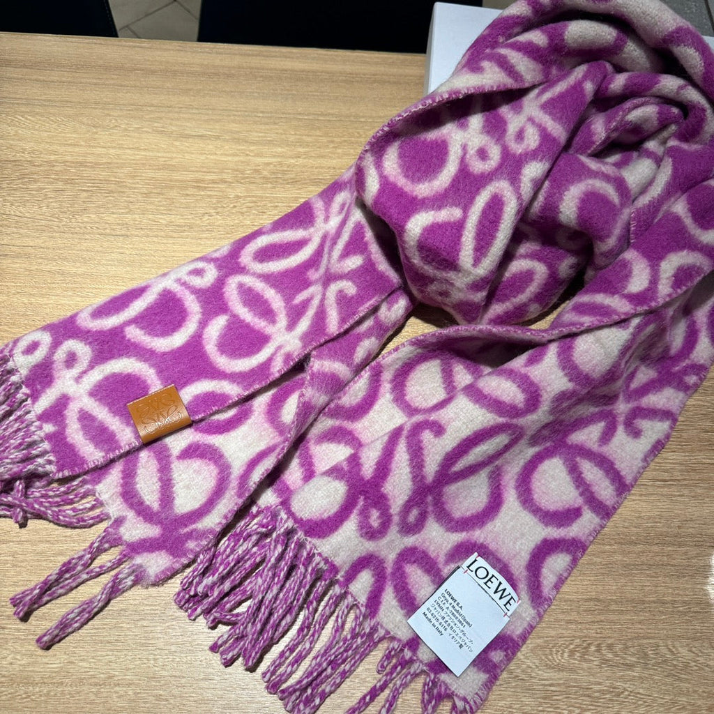LOEWE ANAGRAM 200 CM SCARF IN ORCHID PURPLE MIX BEIGE ALPACA AND WOOL 411849