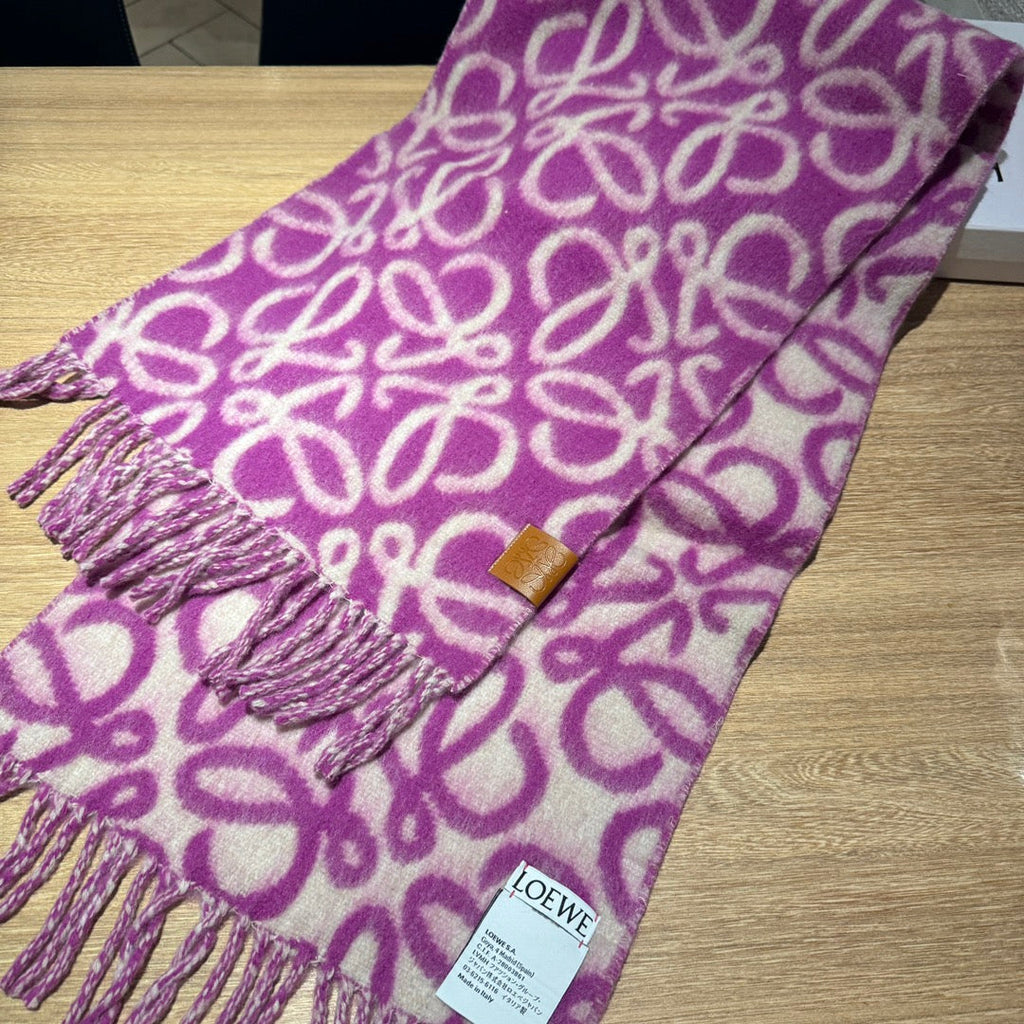 LOEWE ANAGRAM 200 CM SCARF IN ORCHID PURPLE MIX BEIGE ALPACA AND WOOL 411849