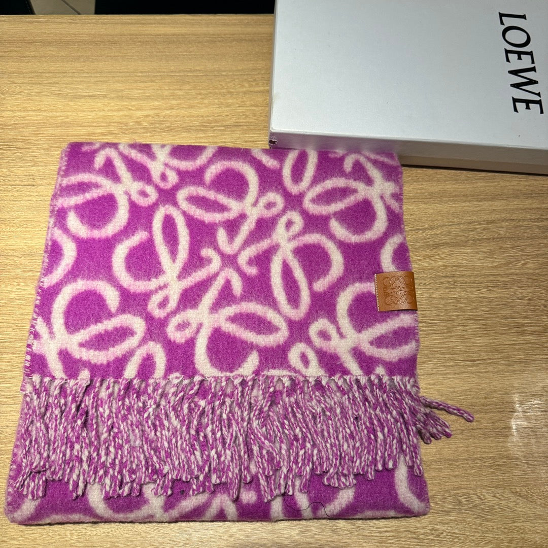 LOEWE ANAGRAM 200 CM SCARF IN ORCHID PURPLE MIX BEIGE ALPACA AND WOOL 411849