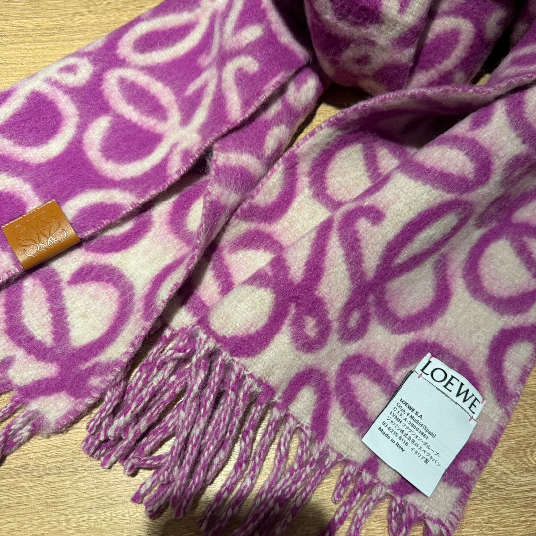 LOEWE ANAGRAM 200 CM SCARF IN ORCHID PURPLE MIX BEIGE ALPACA AND WOOL 411849