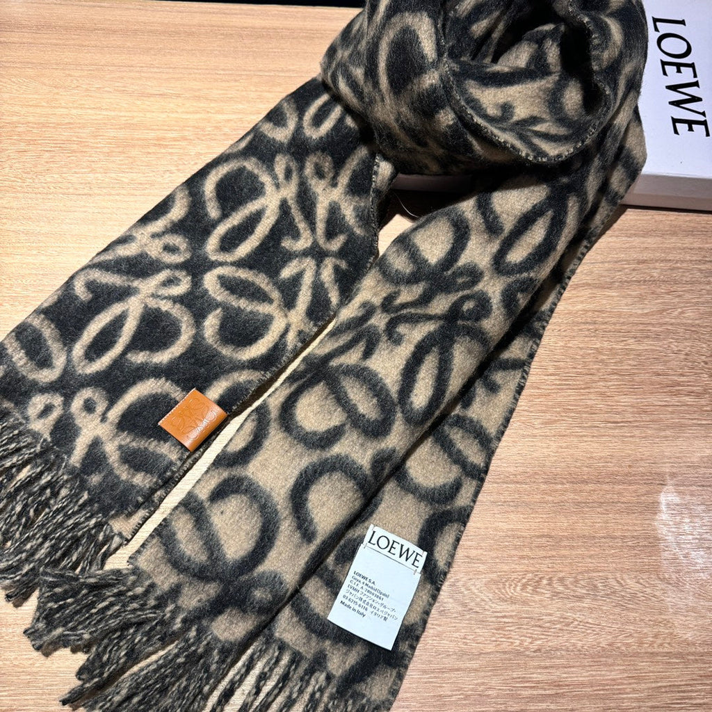 LOEWE ANAGRAM 200 CM SCARF IN BLACK MIX BEIGE ALPACA AND WOOL 411850