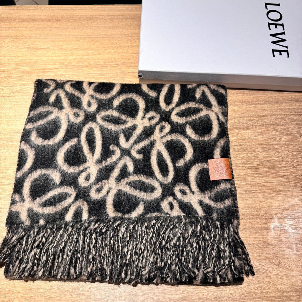 LOEWE ANAGRAM 200 CM SCARF IN BLACK MIX BEIGE ALPACA AND WOOL 411850