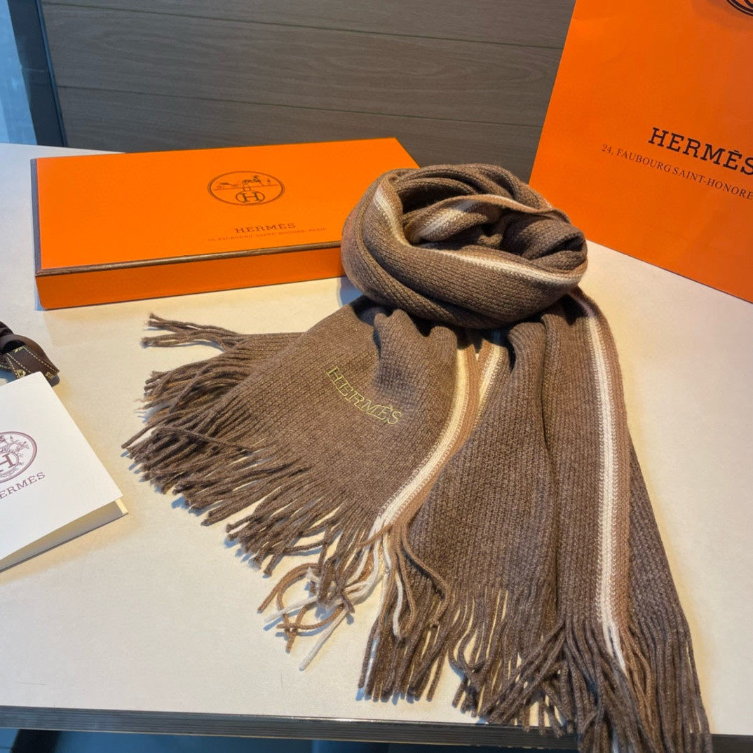 HERMES SCARF 180 CM IN MEDIUM BROWN MIX WHITE CASERE 376517