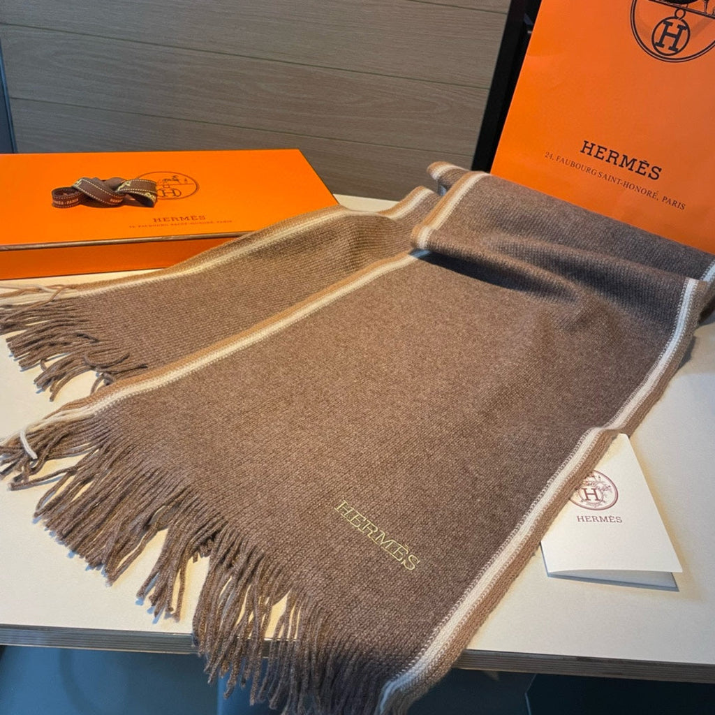HERMES SCARF 180 CM IN MEDIUM BROWN MIX WHITE CASERE 376517