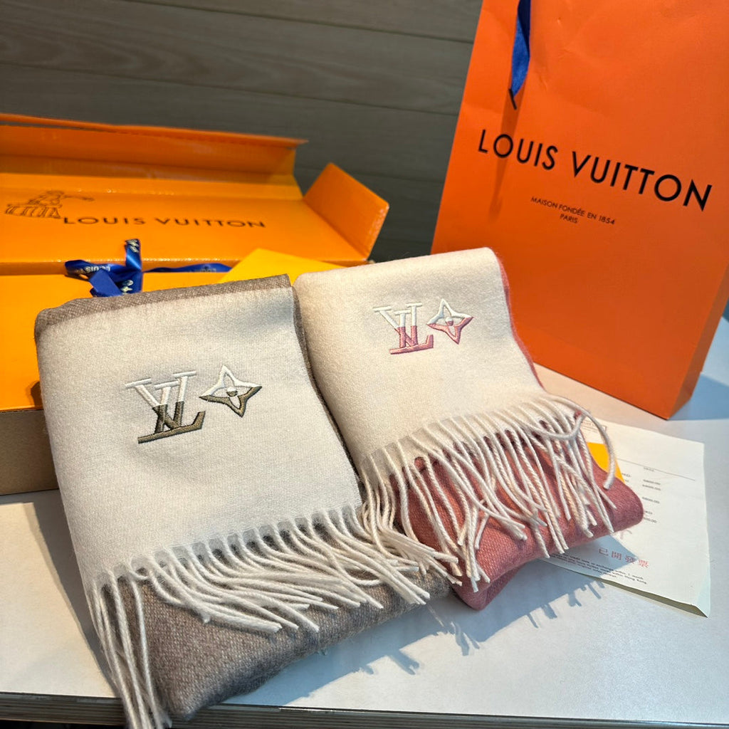 LOUIS VUITTON SCARF 185 CM IN MEDIUM BROWN MIX WHITE CASHMERE 390093