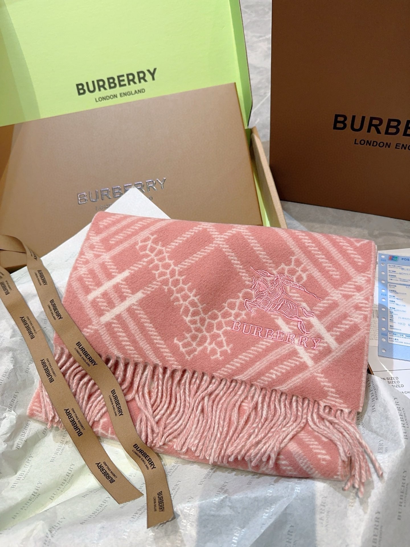 BURBERRY CLASSIC CHECK SCARF 168 CM IN ROSE PINK CASHMERE 396321