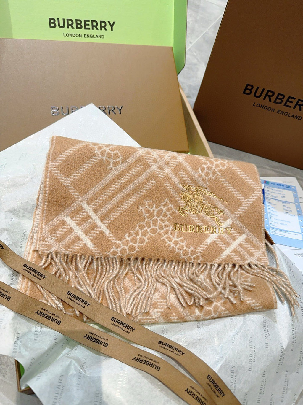 BURBERRY CLASSIC CHECK SCARF 168 CM IN CIDER BROWN CASHMERE 396322