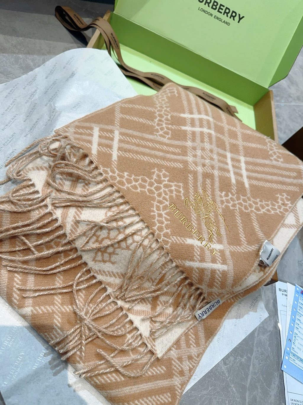 BURBERRY CLASSIC CHECK SCARF 168 CM IN CIDER BROWN CASHMERE 396322