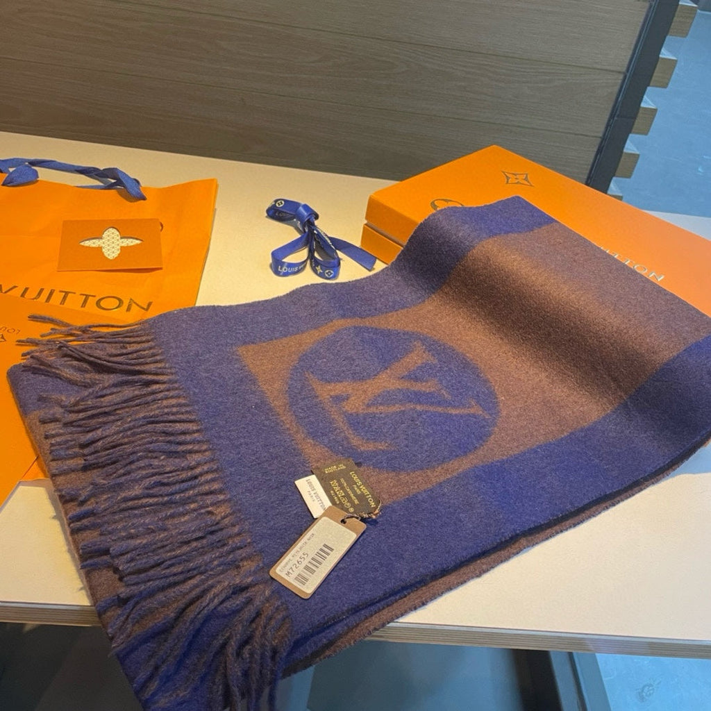 LOUIS VUITTON SCARF 180 CM IN COFFEE BROWN MIX BERRY BLUE CASHMERE 398245