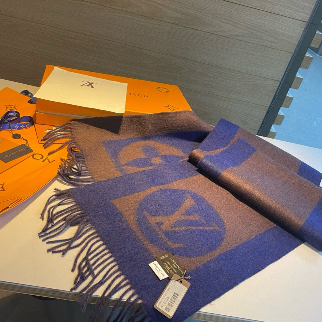 LOUIS VUITTON SCARF 180 CM IN COFFEE BROWN MIX BERRY BLUE CASHMERE 398245