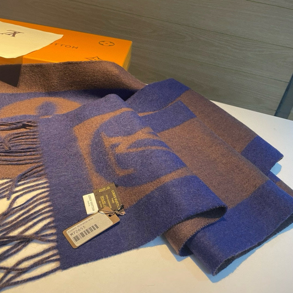 LOUIS VUITTON SCARF 180 CM IN COFFEE BROWN MIX BERRY BLUE CASHMERE 398245