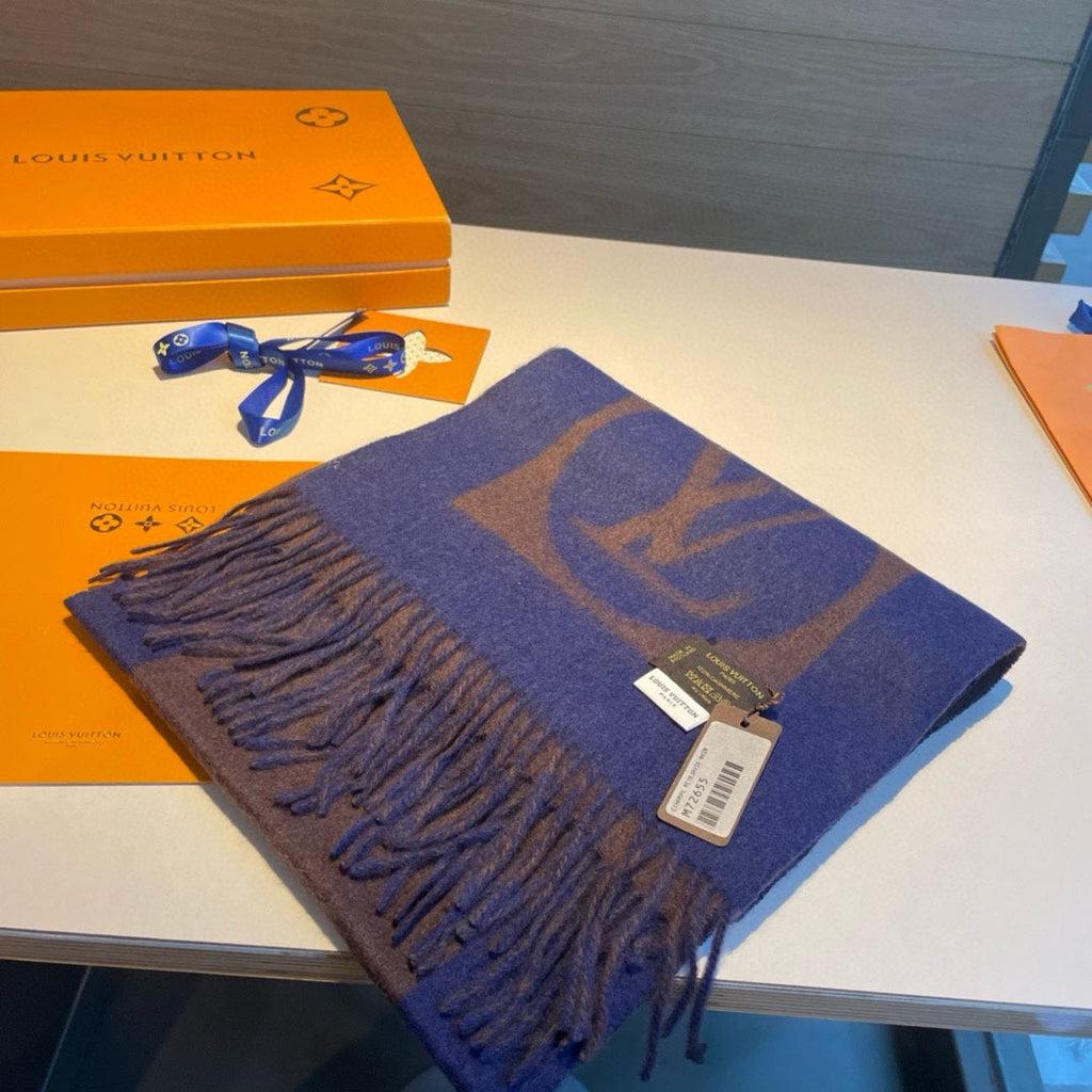 LOUIS VUITTON SCARF 180 CM IN COFFEE BROWN MIX BERRY BLUE CASHMERE 398245