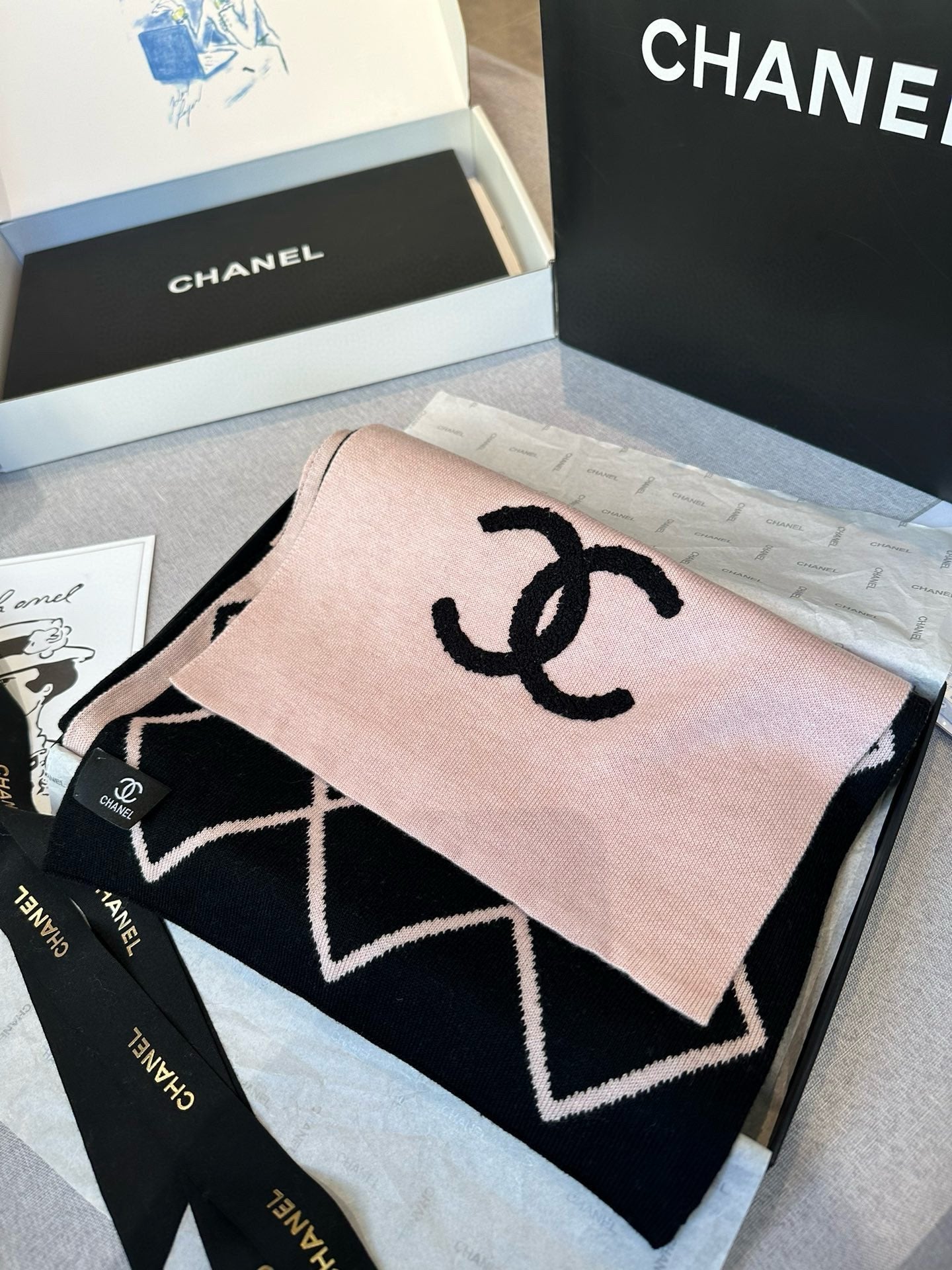 CHANEL SCARF 180 CM IN PASTEL PINK MIX BLACK CASHMERE 401972