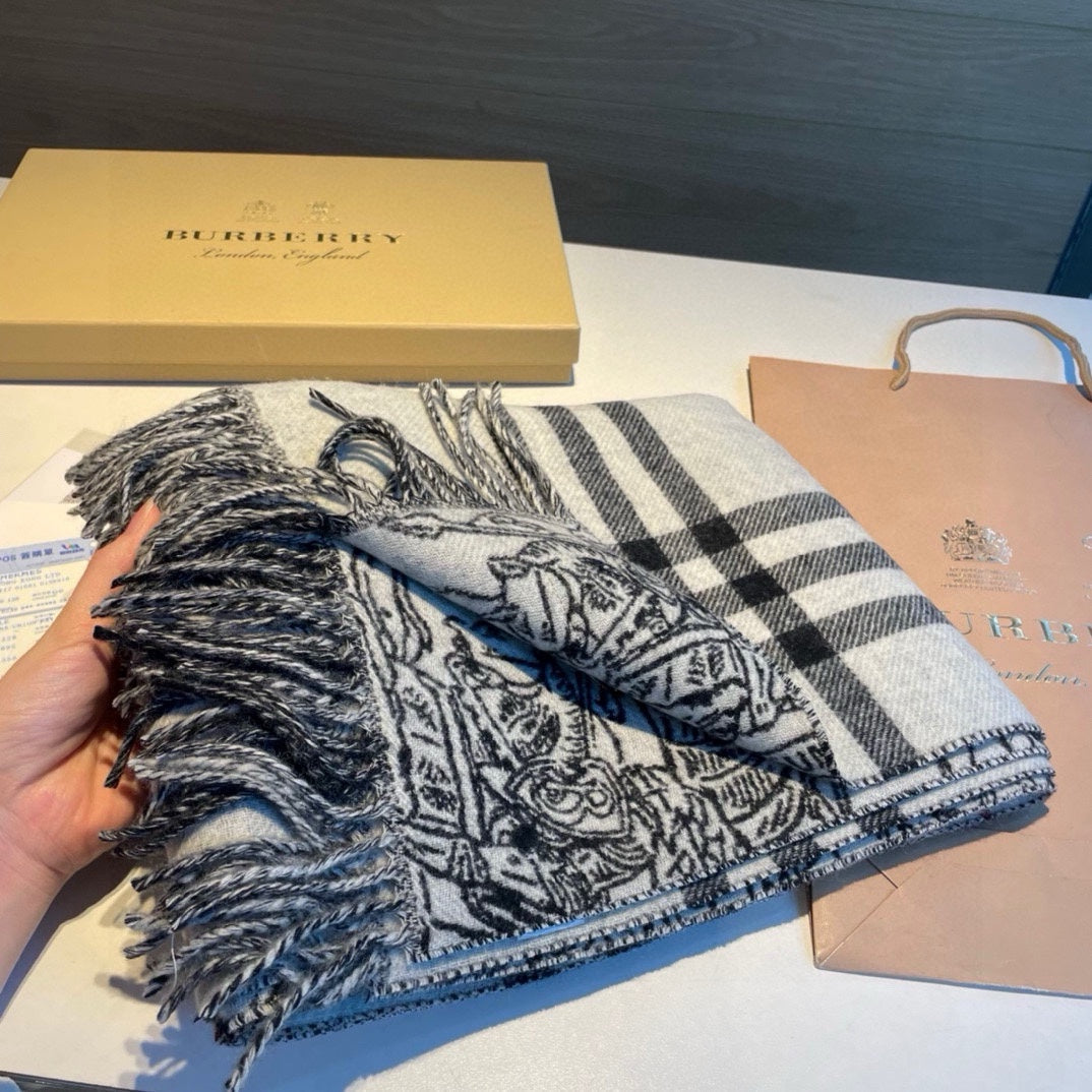 BURBERRY REVERSIBLE EKD STONE GRAY CASHMERE 210 CM SCARF 407191
