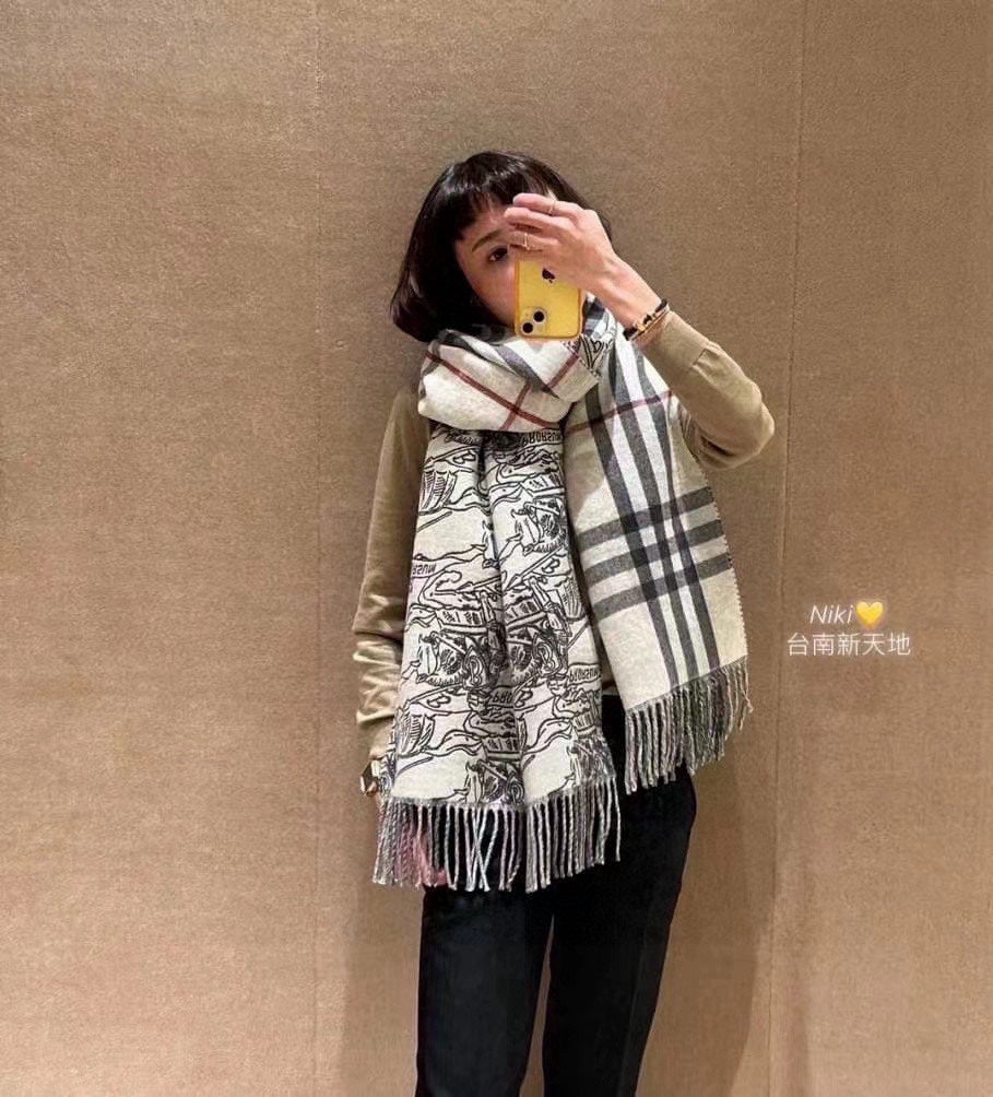 BURBERRY REVERSIBLE EKD STONE GRAY CASHMERE 210 CM SCARF 407191