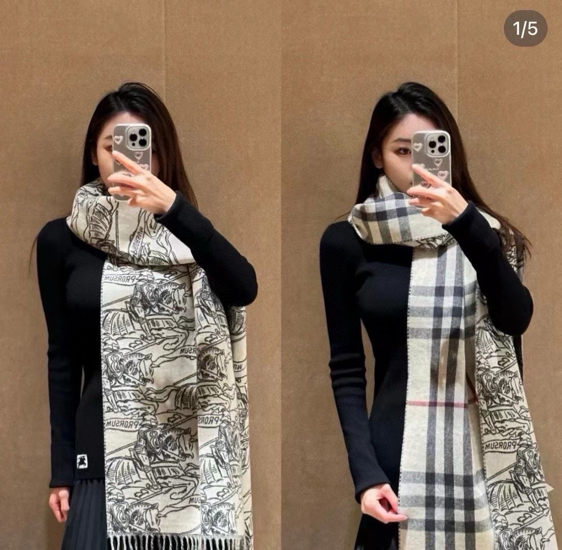 BURBERRY REVERSIBLE EKD STONE GRAY CASHMERE 210 CM SCARF 407191