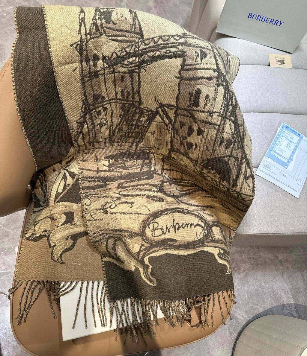BURBERRY TOWER BRIDGE CASHMERE 210 CM SCARF SAND BROWN 410075