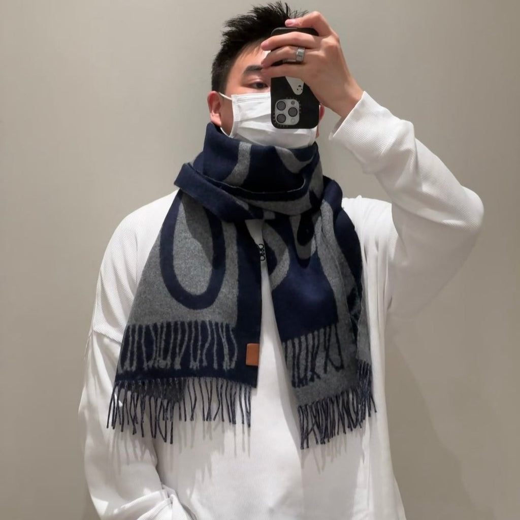 LOEWE SCARF 180 CM IN INDIGO BLUE MIX LIGHT GRAY WOOL AND CASHMERE 415267