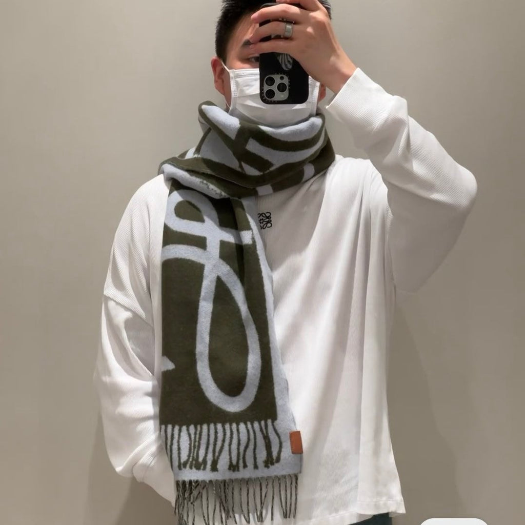 LOEWE SCARF 180 CM IN ARMY GREEN MIX WHITE WOOL AND CASHMERE 415268