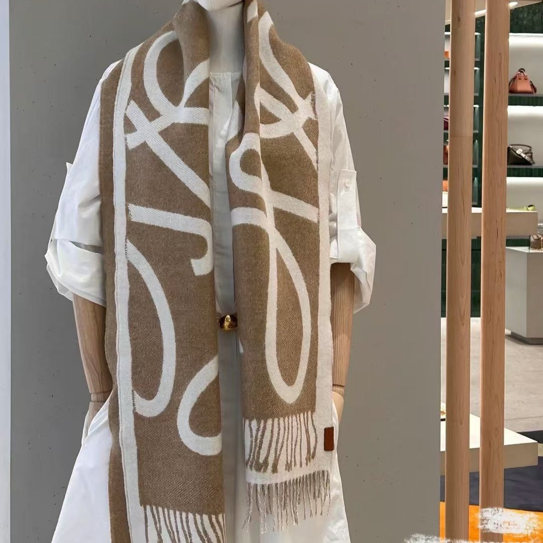 LOEWE SCARF 180 CM IN CAMEL BEIGE MIX WHITE WOOL AND CASHMERE 415269