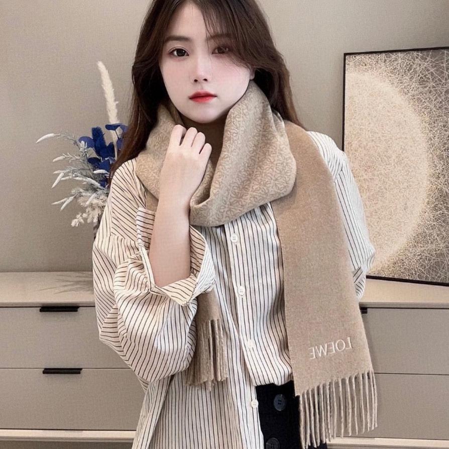 LOEWE ANAGRAM DOUBLE-SIDED SCARF 182 CM IN CAMEL BEIGE WOOL AND CASHMERE 357779
