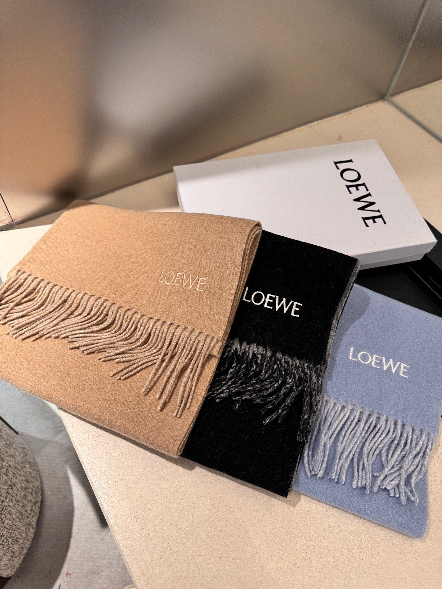 LOEWE ANAGRAM DOUBLE-SIDED SCARF 182 CM IN CAMEL BEIGE WOOL AND CASHMERE 357779