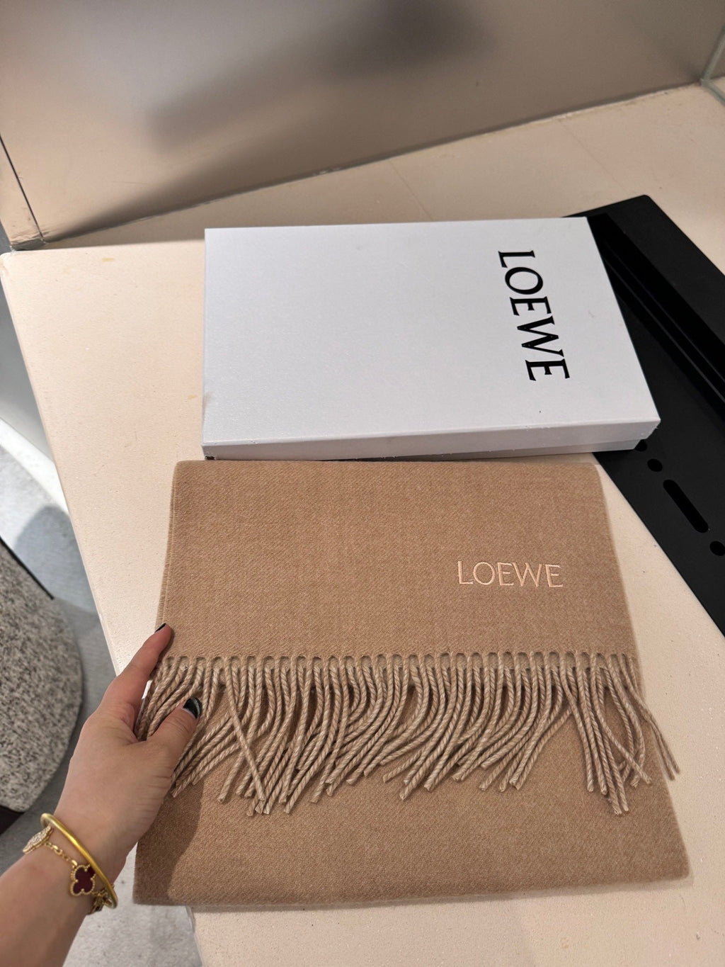 LOEWE ANAGRAM DOUBLE-SIDED SCARF 182 CM IN CAMEL BEIGE WOOL AND CASHMERE 357779