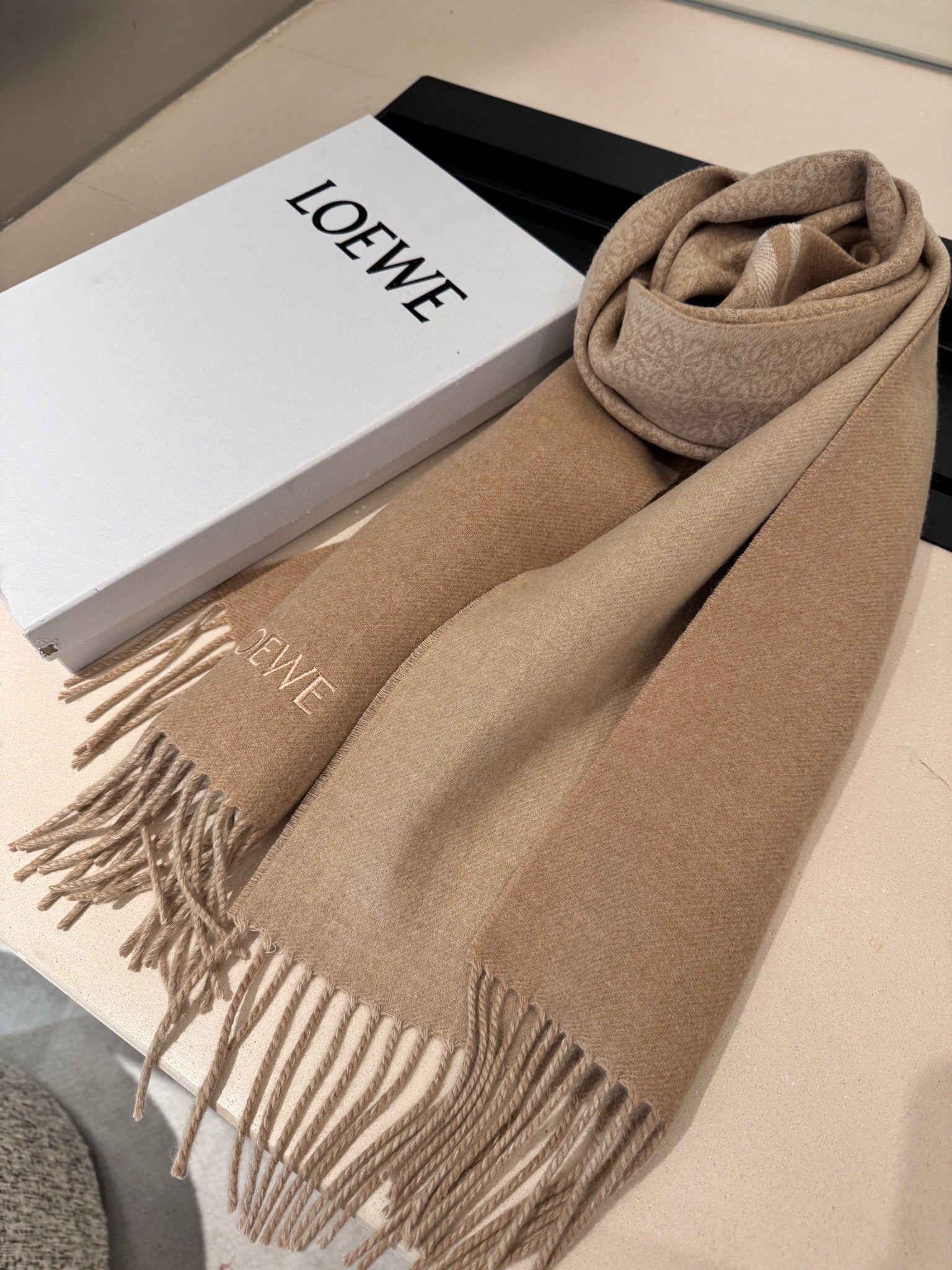LOEWE ANAGRAM DOUBLE-SIDED SCARF 182 CM IN CAMEL BEIGE WOOL AND CASHMERE 357779