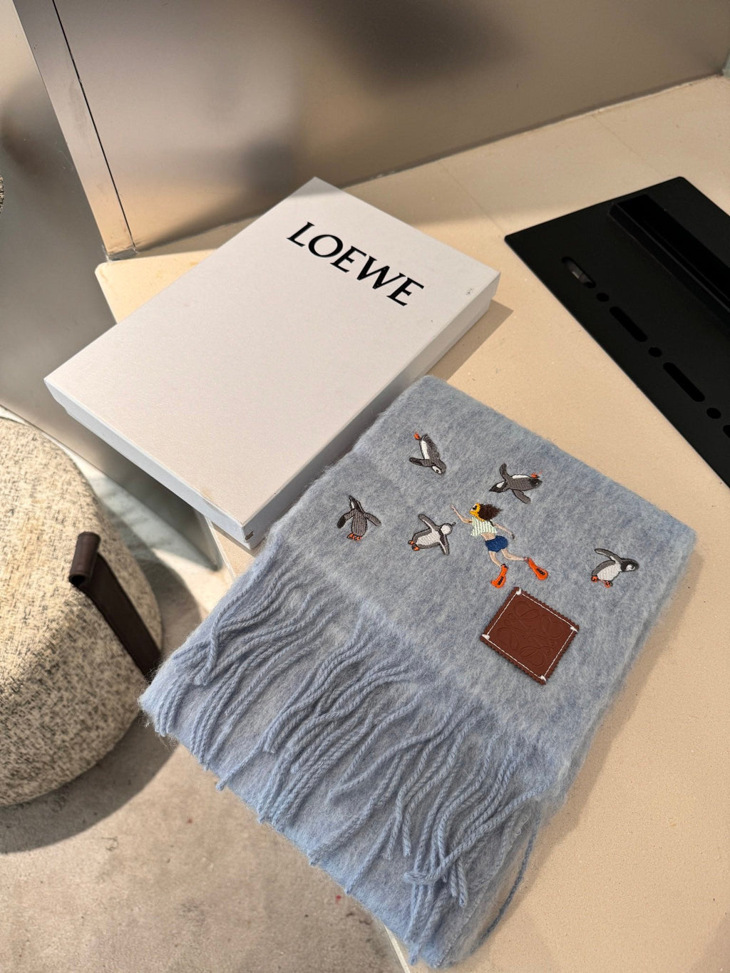 LOEWE SCARF 185 CM IN LIGHT BLUE MOHAIR AND WOOL 381040