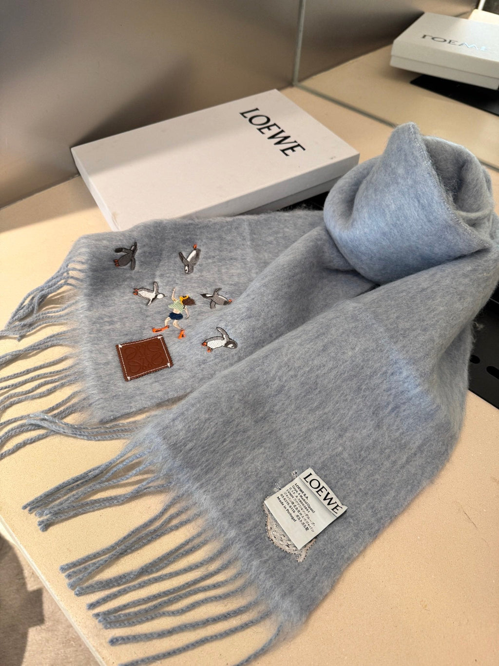 LOEWE SCARF 185 CM IN LIGHT BLUE MOHAIR AND WOOL 381040
