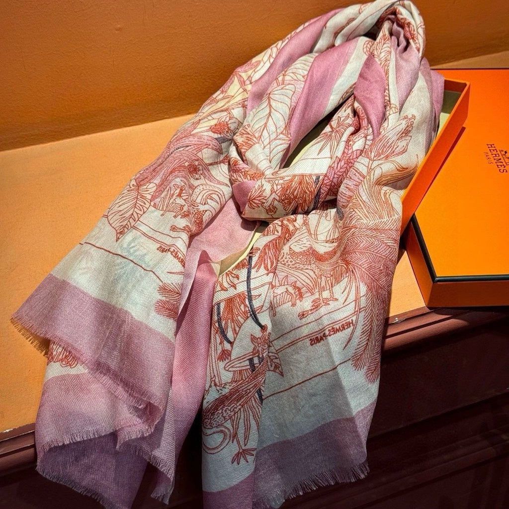 HERMES EXOTIC PARADISE CASERE SCARF 200 CM CREPE PINK MIX COLORFUL CASERE
