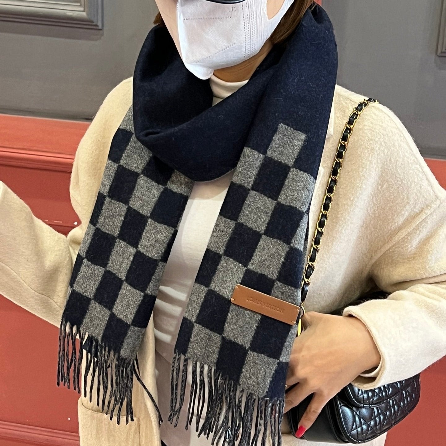 LOUIS VUITTON DAMIER SCARF 180 CM IN MIDNIGHT BLUE MIX GRAY CASHMERE 388316