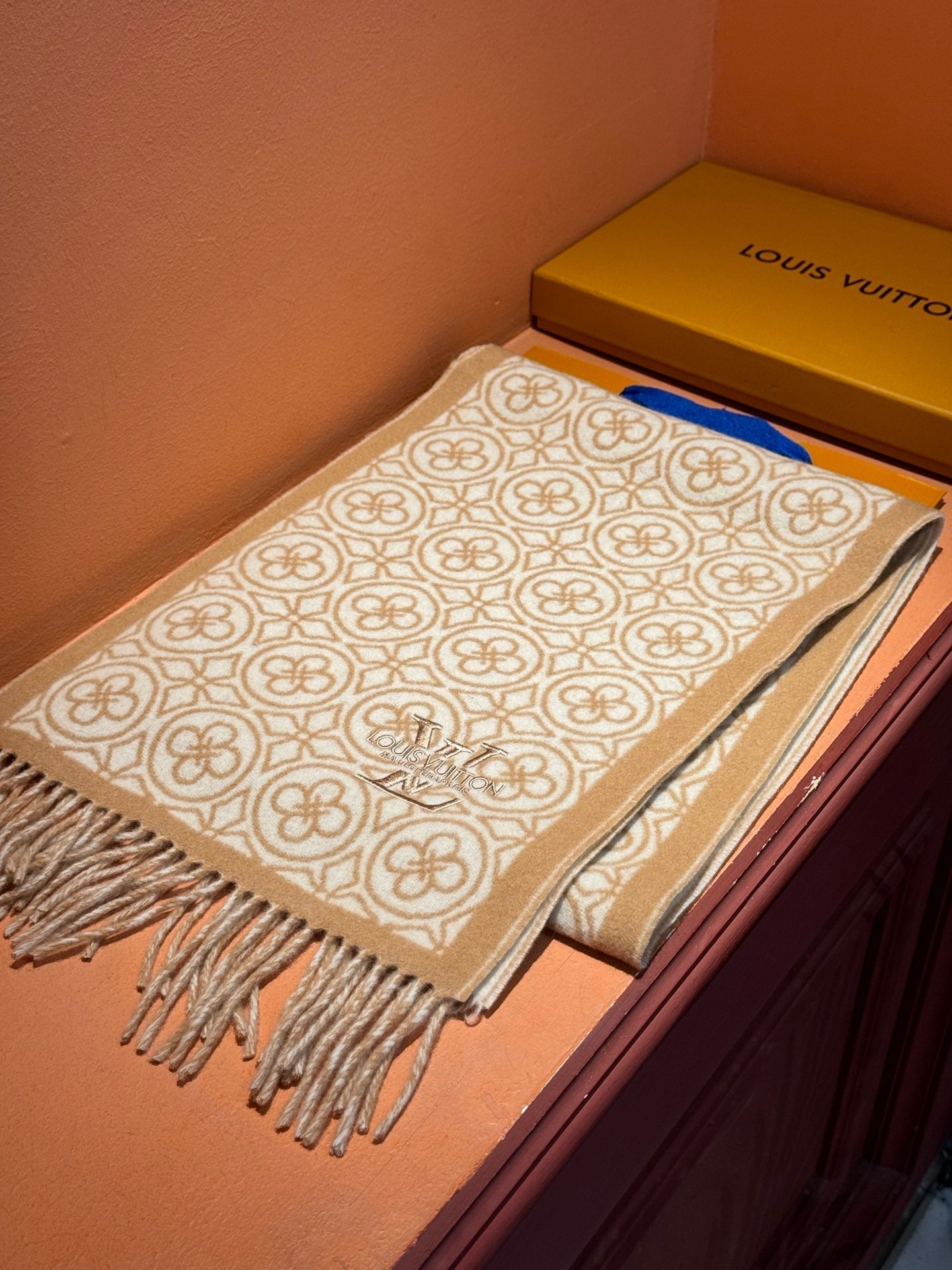 LOUIS VUITTON FLOWER MONOGRAM SCARF 180 CM IN TORTILLA BROWN MIX WHITE CASHMERE 388304