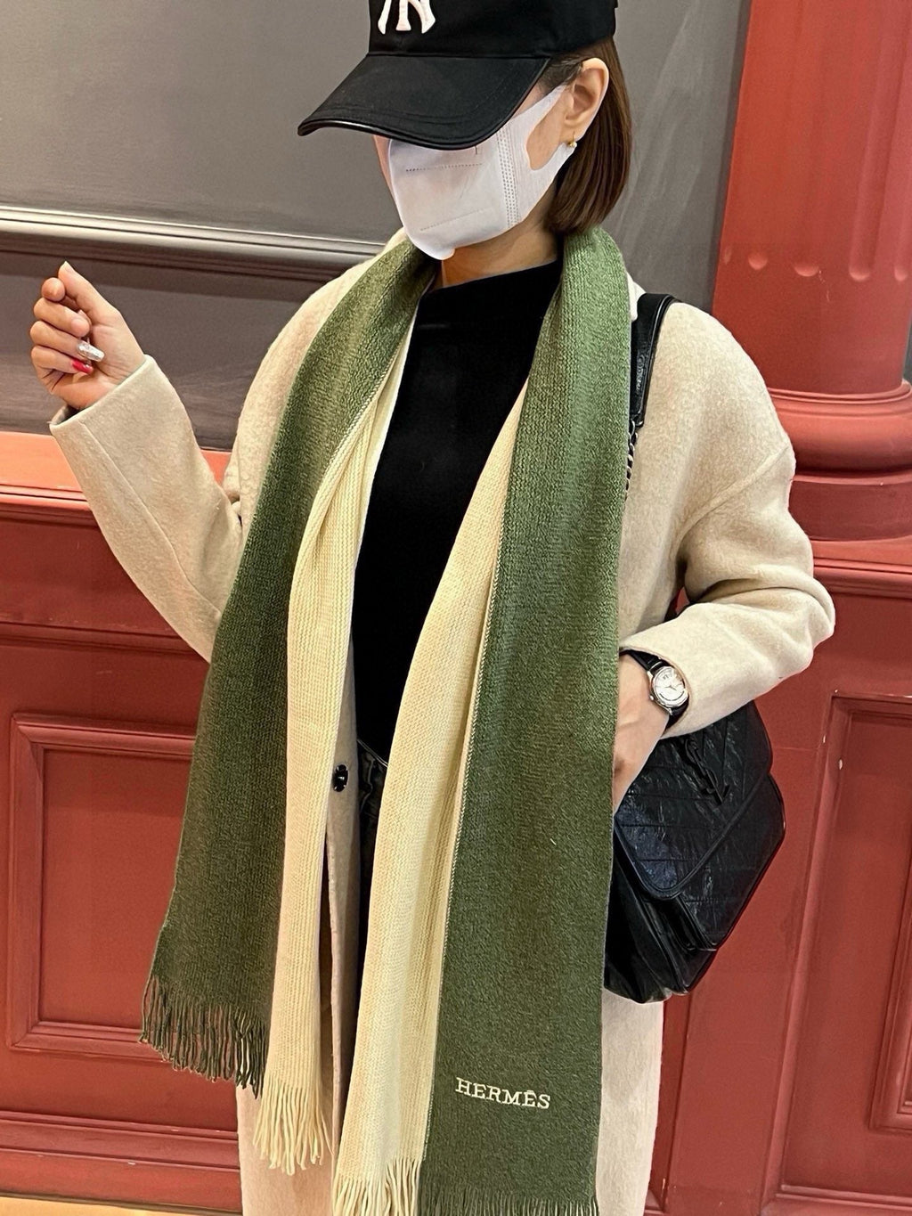 HERMES HIGH-END SCARF 180 IN MOSS GREEN MIX BEIGE CASERE