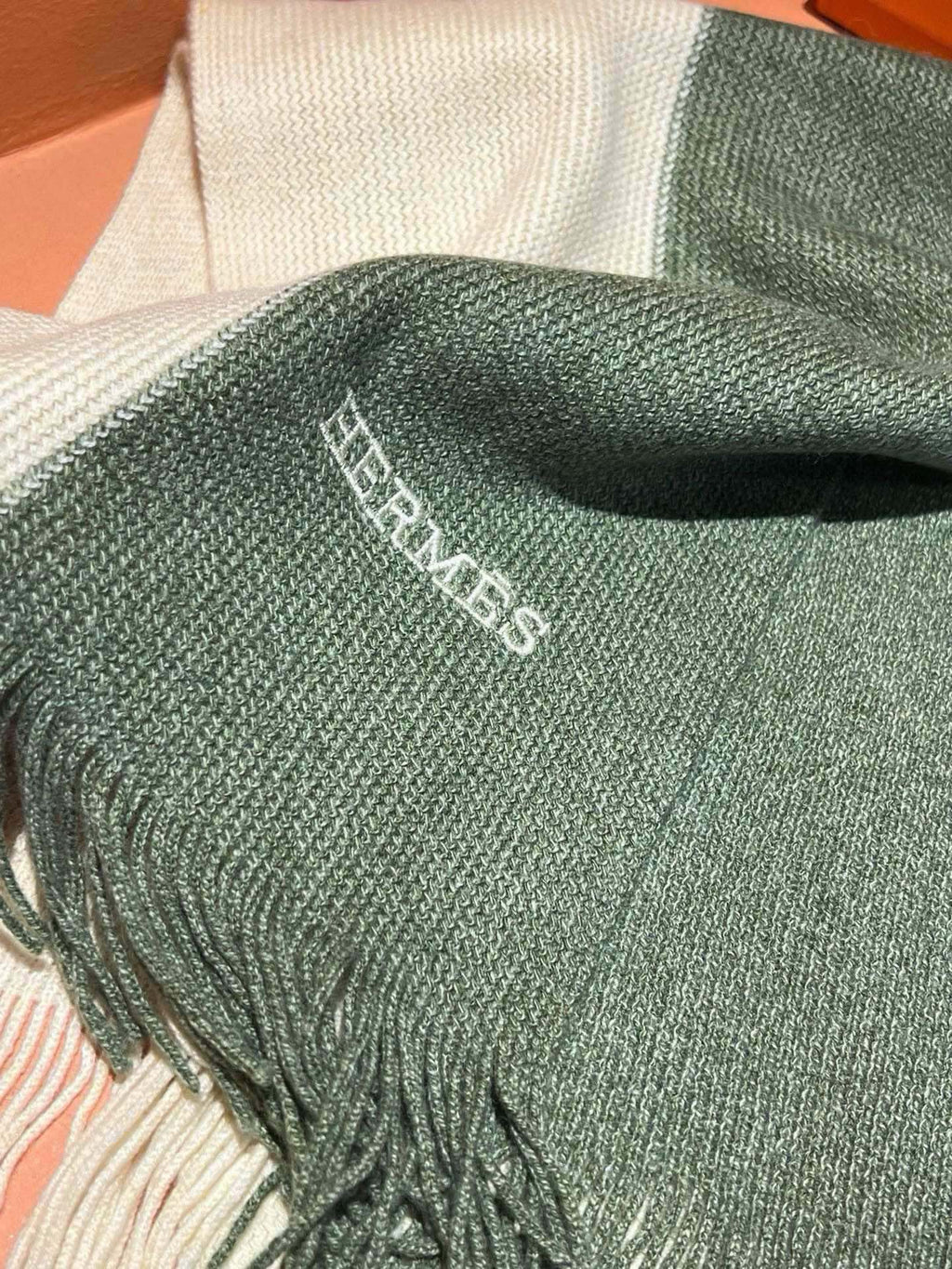 HERMES HIGH-END SCARF 180 IN MOSS GREEN MIX BEIGE CASERE