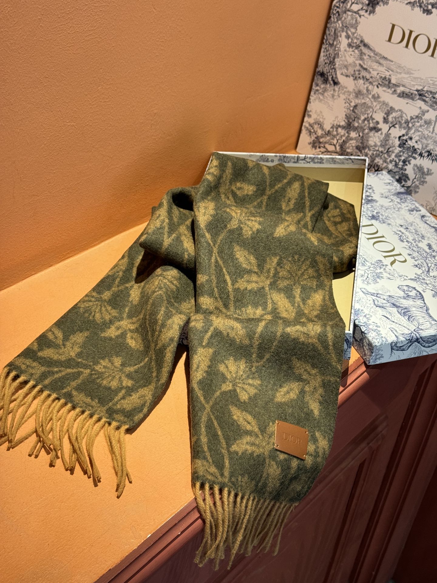 DIOR SCARF 180 CM IN OLIVE GREEN MONOGRAM CASHMERE 394642