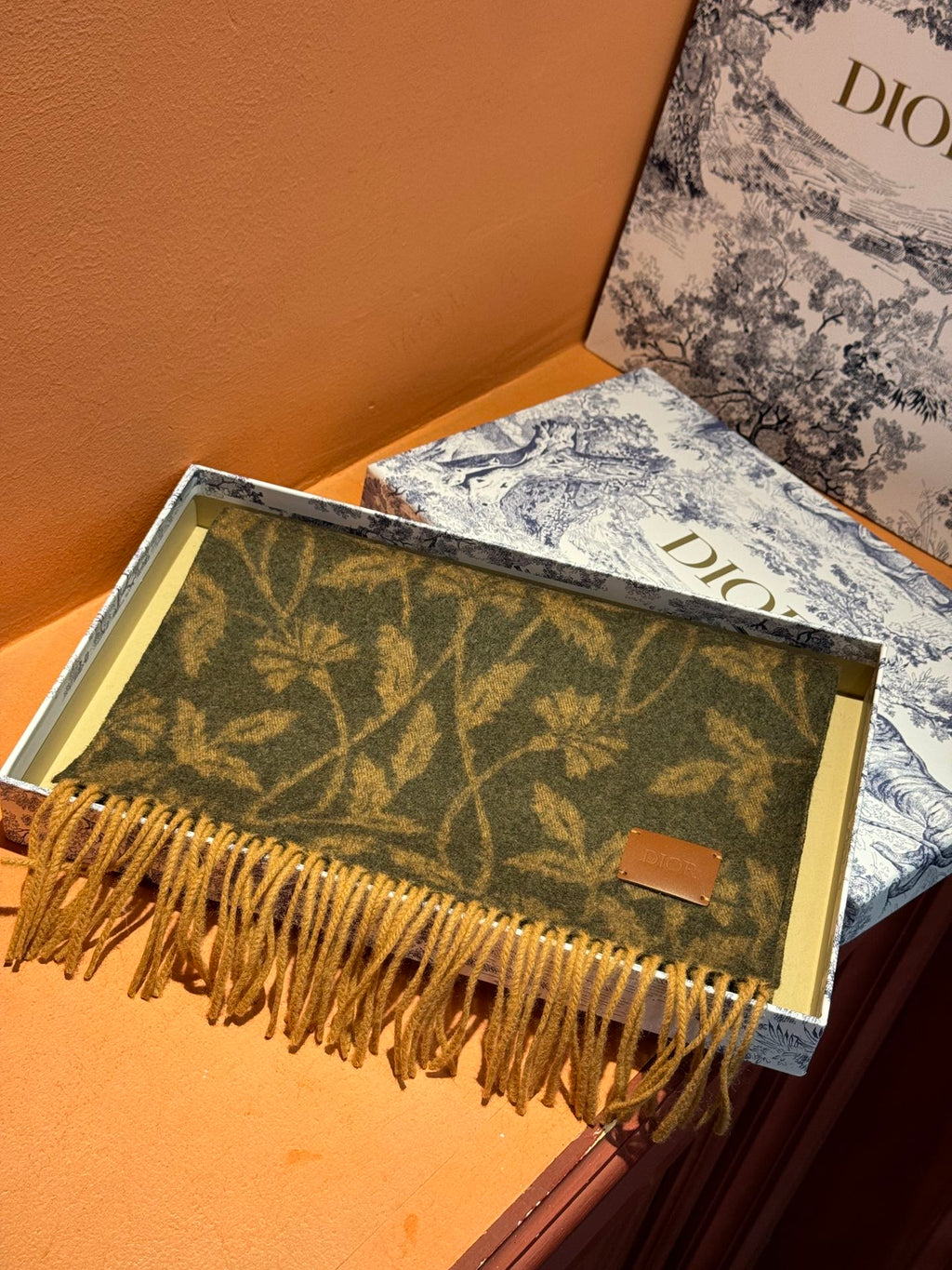 DIOR SCARF 180 CM IN OLIVE GREEN MONOGRAM CASHMERE 394642